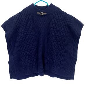 Janie & Jack Aran Cable Knit Poncho Girls Sz 6 Navy Blue Wool Blend Sweater NEW